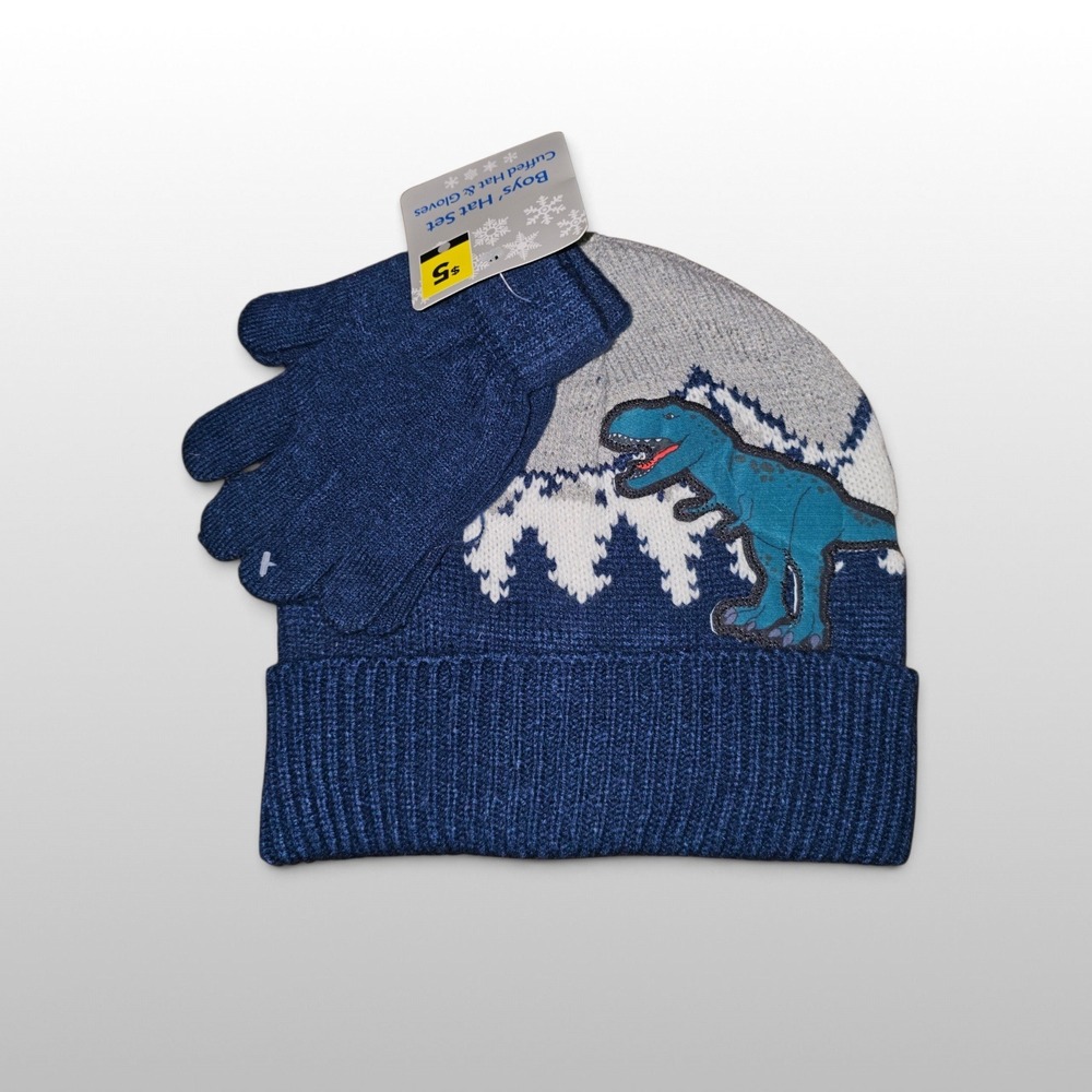 Boys Knit Blue Dinosaur Hat & Gloves Set Winter Cuffed Beanie One Size NWT cozy